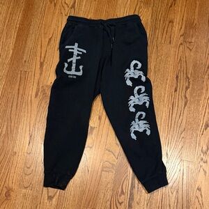Frank Iero Black Graphic Sweatpants with Silver Scorpion Prints, Size Small